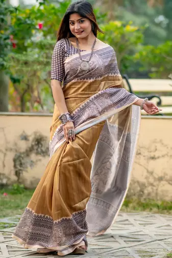 mustard tussar art silk madhubani printed saree with traditional pallu & fancy tassels – contrast blouse piece included