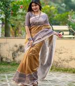 mustard tussar art silk madhubani printed saree with traditional pallu & fancy tassels – contrast blouse piece included