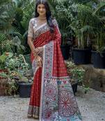 red madhubani printed tussar art silk saree with designer pallu & tassels | contrast blouse included
