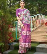 purple soft tussar art silk kalamkari printed saree with traditional pallu & tassels | contrast blouse piece
