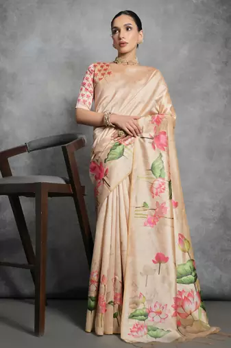 beige designer tussar art silk saree with elegant lotus print pallu & printed border