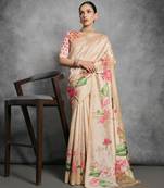 beige designer tussar art silk saree with elegant lotus print pallu & printed border