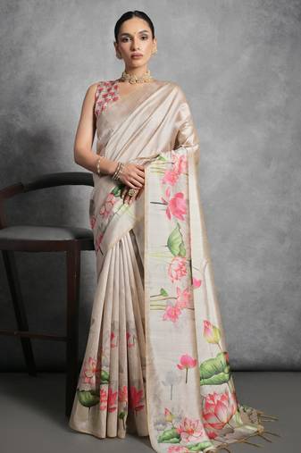 cream designer tussar art silk saree with elegant lotus print pallu & printed border