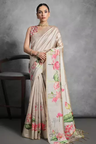 cream designer tussar art silk saree with elegant lotus print pallu & printed border