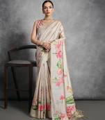 cream designer tussar art silk saree with elegant lotus print pallu & printed border