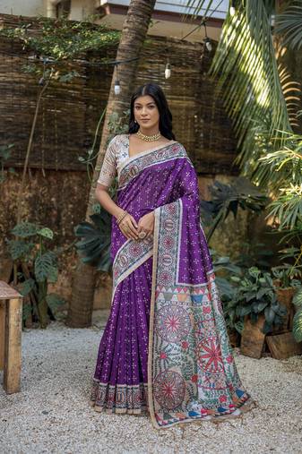 purple madhubani printed tussar art silk saree with designer pallu & tassels | contrast blouse included