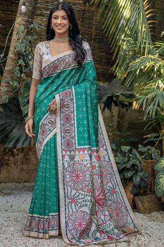 rama madhubani printed tussar art silk saree with designer pallu & tassels | contrast blouse included