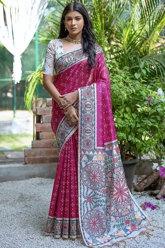 pink madhubani printed tussar art silk saree with designer pallu & tassels | contrast blouse included