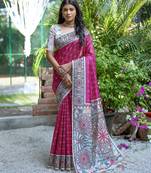 pink madhubani printed tussar art silk saree with designer pallu & tassels | contrast blouse included