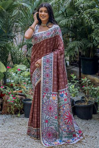 coffe madhubani printed tussar art silk saree with designer pallu & tassels | contrast blouse included