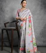 grey designer tussar art silk saree with elegant lotus print pallu & printed border