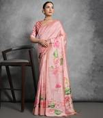 peach designer tussar art silk saree with elegant lotus print pallu & printed border