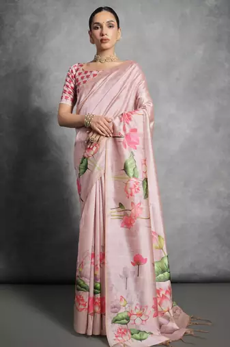pink designer tussar art silk saree with elegant lotus print pallu & printed border