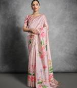pink designer tussar art silk saree with elegant lotus print pallu & printed border