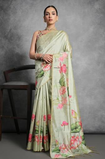 pista designer tussar art silk saree with elegant lotus print pallu & printed border