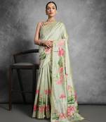 pista designer tussar art silk saree with elegant lotus print pallu & printed border