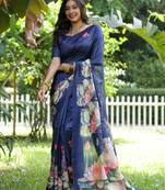 navy blue tussar art silk lotus print saree with designer pallu & floral border with running blouse