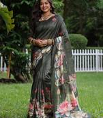olive tussar art silk lotus print saree with designer pallu & floral border with running blouse