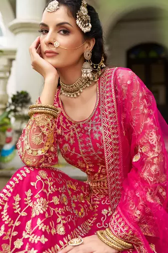 Rani Pink Bridal Butterfly Net Heavy Diamond Embroidered Lehenga Choli with dupatta