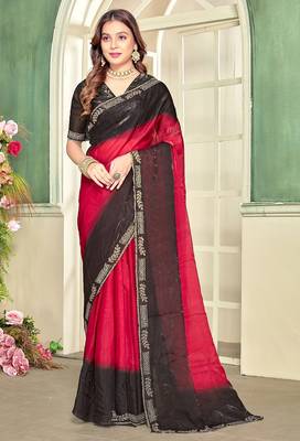 Red zircon work fendi satin silk blend saree 1