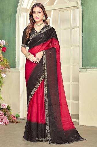 Red color zircon work fendi satin silk saree