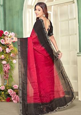 Red zircon work fendi satin silk blend saree 2