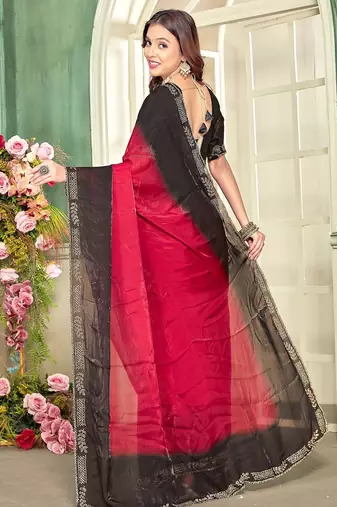 Red color zircon work fendi satin silk blend saree