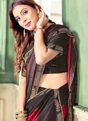 Red zircon work fendi satin silk blend saree 3
