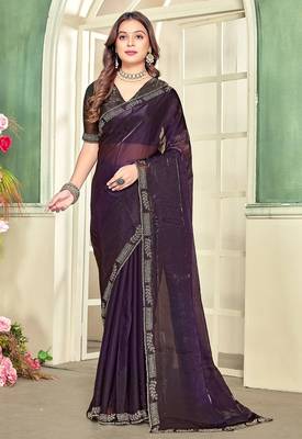 Purple color zircon work fendi satin silk blend saree 1