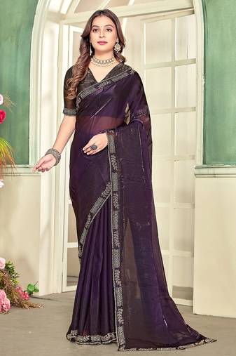 Purple color zircon work fendi satin silk saree