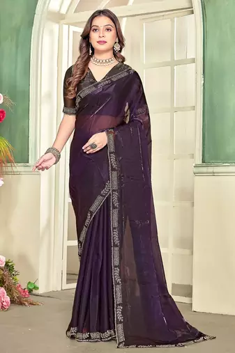 Purple color zircon work fendi satin silk saree