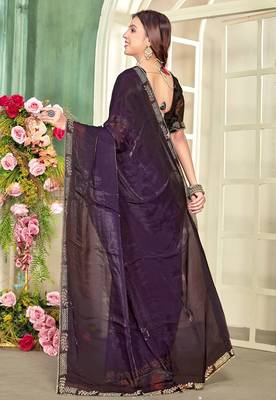 Purple color zircon work fendi satin silk blend saree 2