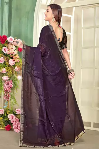 Purple color zircon work fendi satin silk blend saree