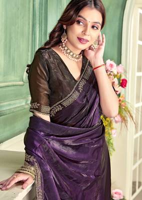 Purple color zircon work fendi satin silk blend saree 3