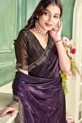 Purple color zircon work fendi satin silk blend saree