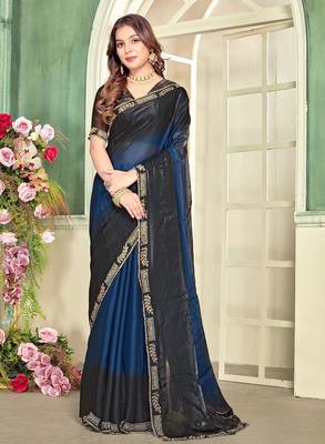 Blue color zircon work fendi satin silk blend saree 1