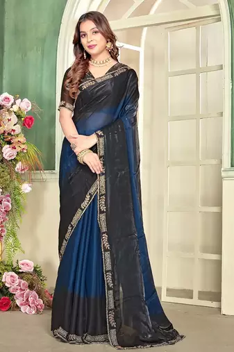 Blue color zircon work fendi satin silk saree
