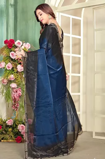 Blue color zircon work fendi satin silk blend saree