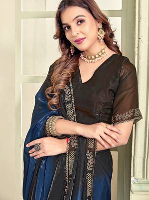 Blue color zircon work fendi satin silk blend saree 3