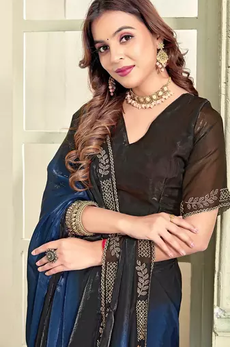 Blue color zircon work fendi satin silk blend saree