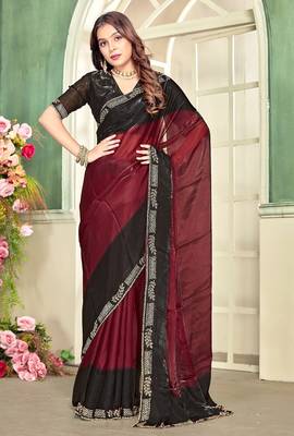 Maroon color zircon work fendi satin silk blend saree 1