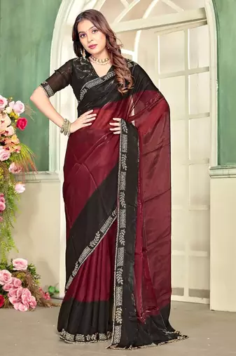 Maroon color zircon work fendi satin silk saree