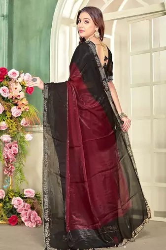 Maroon color zircon work fendi satin silk blend saree