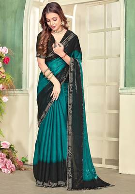 Sky blue color zircon work fendi satin silk blend saree 1