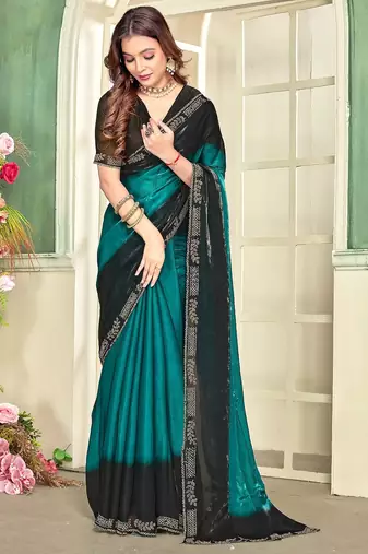 Sky blue color zircon work fendi satin silk saree