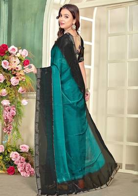 Sky blue color zircon work fendi satin silk blend saree 2