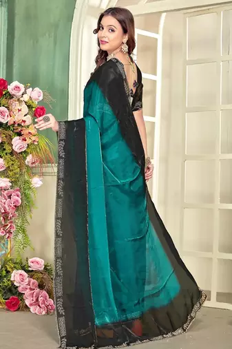 Sky blue color zircon work fendi satin silk blend saree