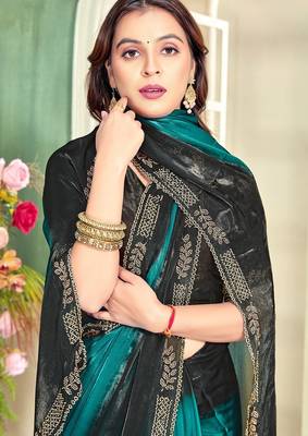 Sky blue color zircon work fendi satin silk blend saree 3
