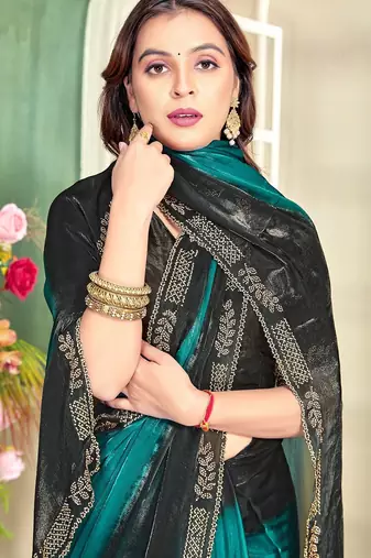 Sky blue color zircon work fendi satin silk blend saree