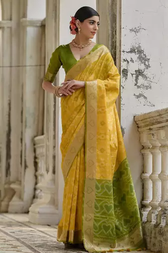 yellow soft raw art silk pochampally ikat weaving saree with resham jal & zari border traditional saree with blouse